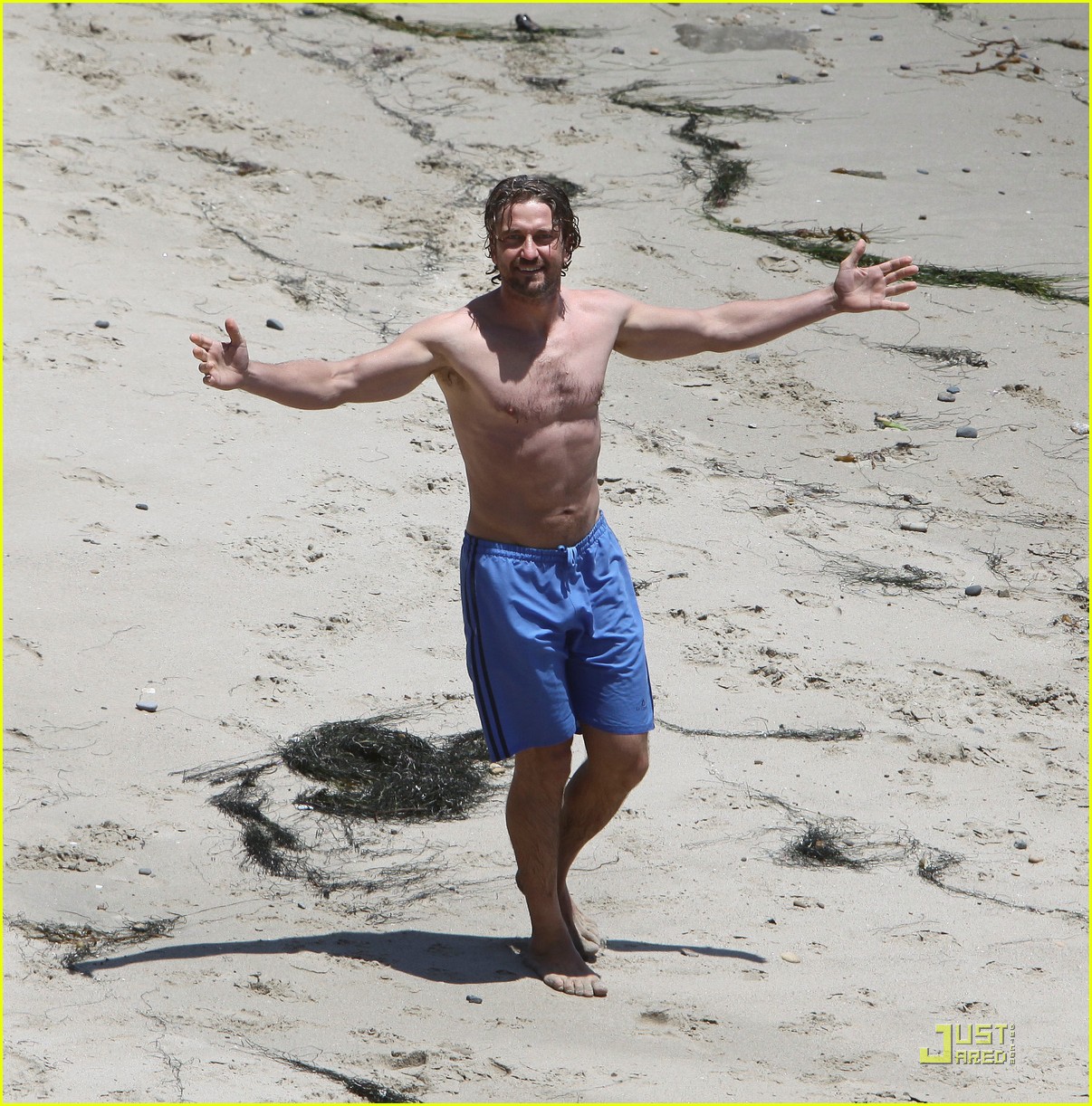 gerard butler shirtless stroll with mystery gal 012555628