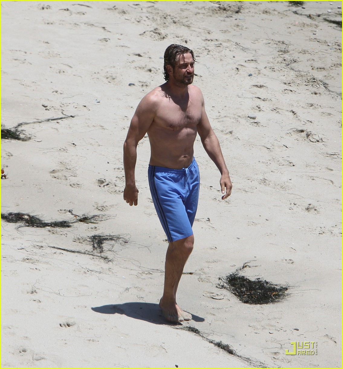 gerard butler shirtless stroll with mystery gal 132555640