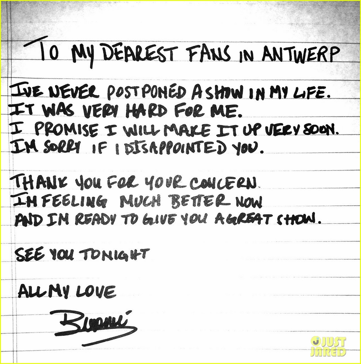 beyonce writes handwritten note after cancelled concert 012870884