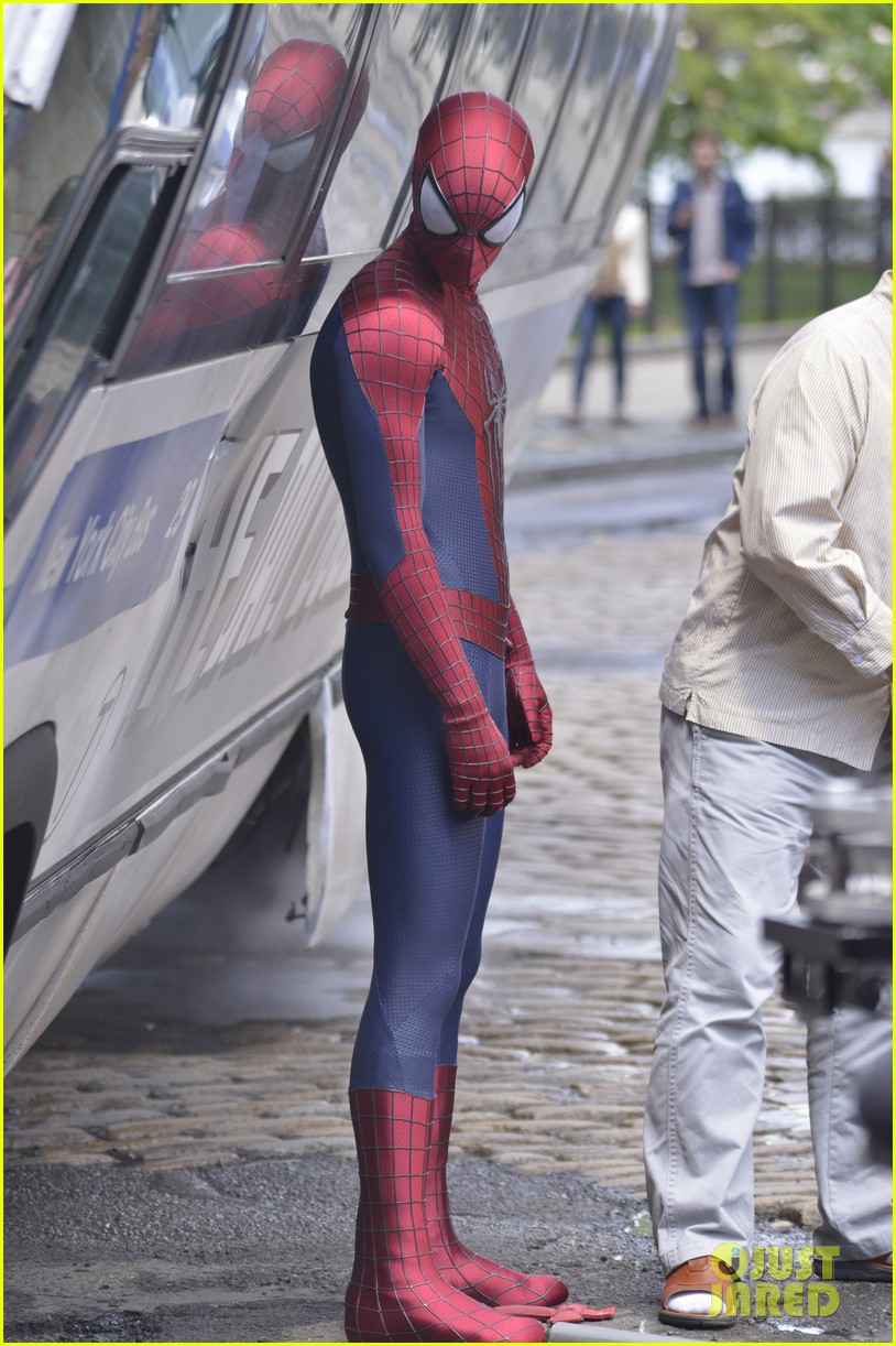 Andrew Garfield and Paul Giamatti filming an action scene on the set of  'The Amazing Spider-Man 2' in Brooklyn. Garfield is spotted wearing his  Spider-Man costume during shooting Featuring: Andrew Garfield Where