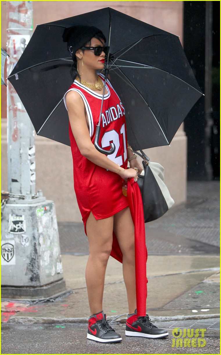 rihanna wears basketball jersey dress in rainy nyc 252942605