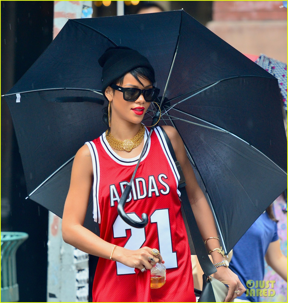 rihanna wears basketball jersey dress in rainy nyc 27