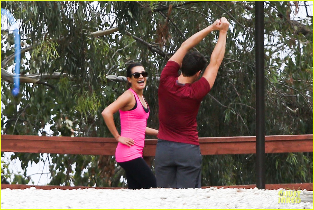 lea michele stretches with jonathan groff during hike 023039709