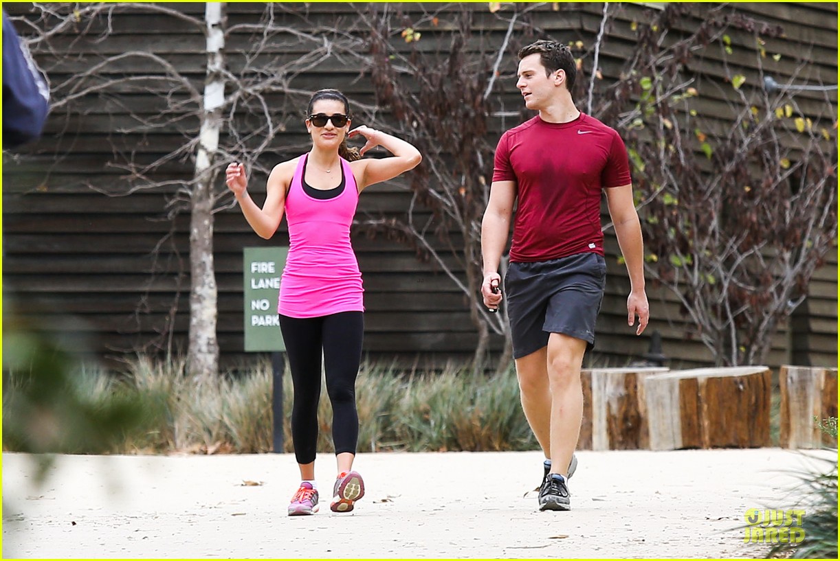 lea michele stretches with jonathan groff during hike 143039721