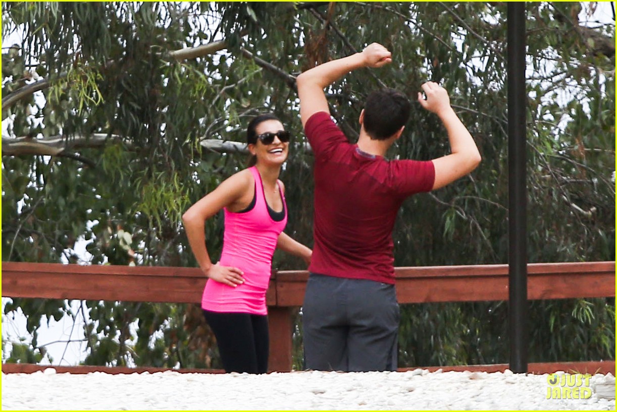 lea michele stretches with jonathan groff during hike 193039726