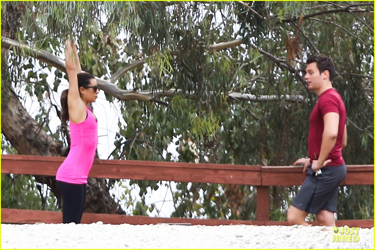 lea michele stretches with jonathan groff during hike 203039727