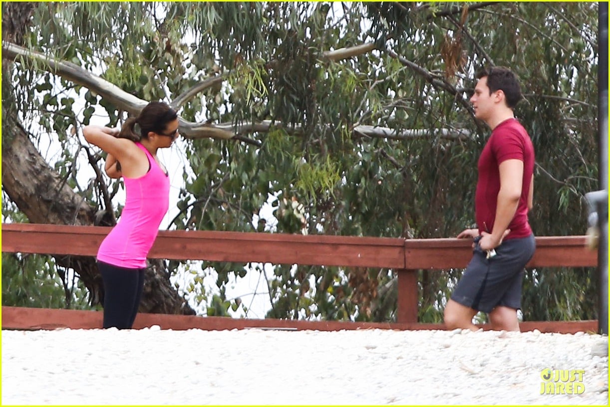 lea michele stretches with jonathan groff during hike 23