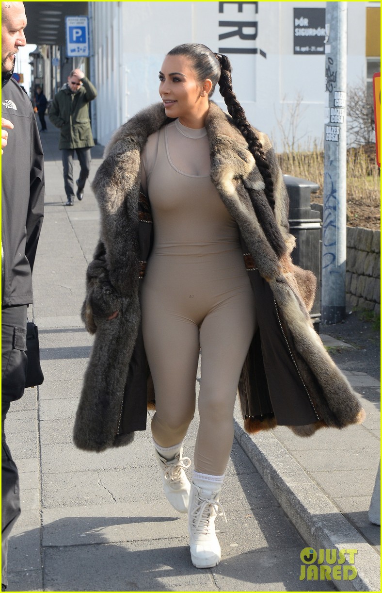 kim kardashian wears form fitting bodysuit under fur coat in iceland 033634793