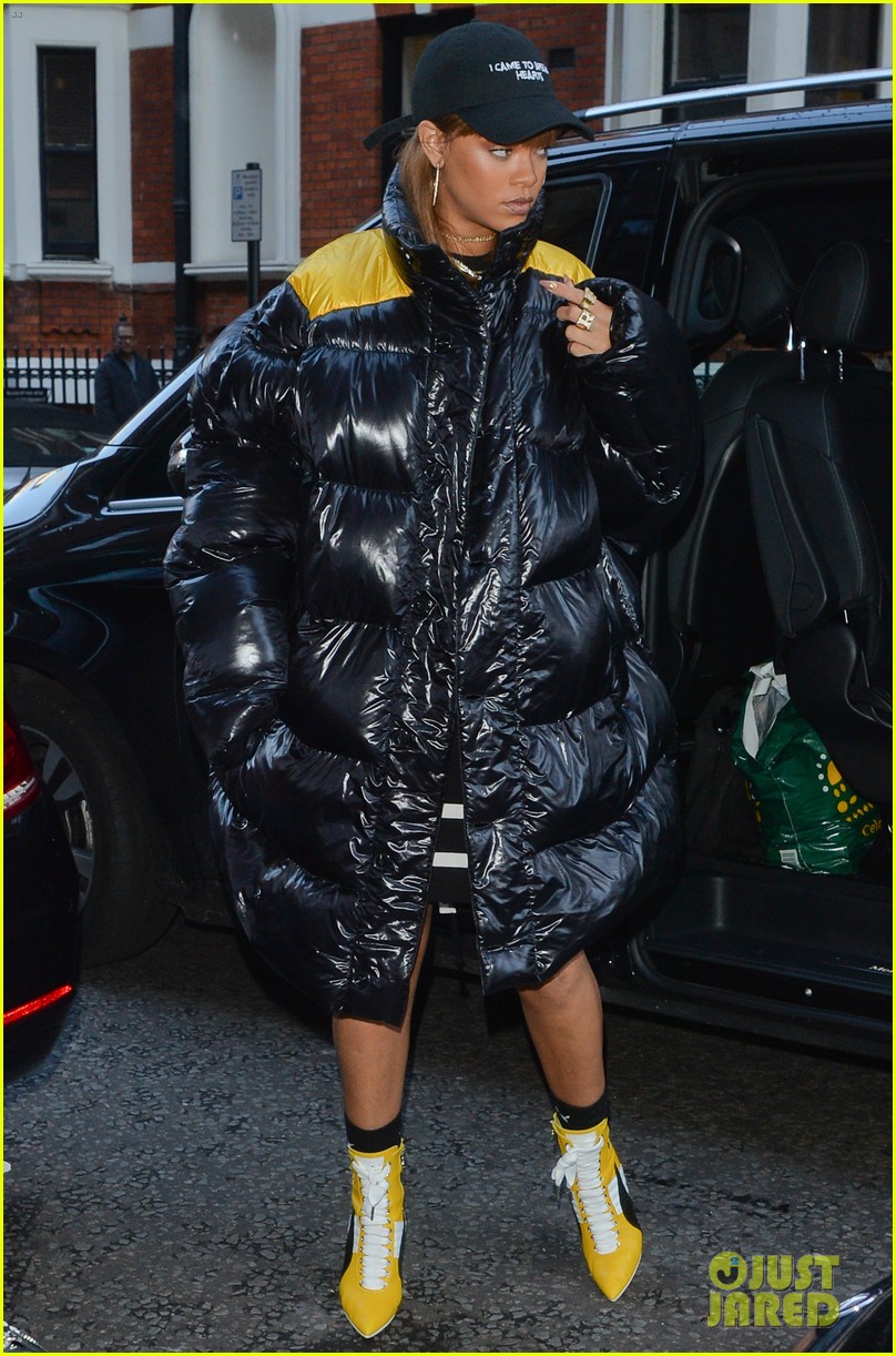 rihanna wears puffy over sized coat for shopping in london 16