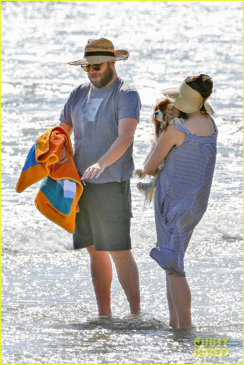 seth rogen and wife lauren miller take their dog for a dip in the ocean 093777198
