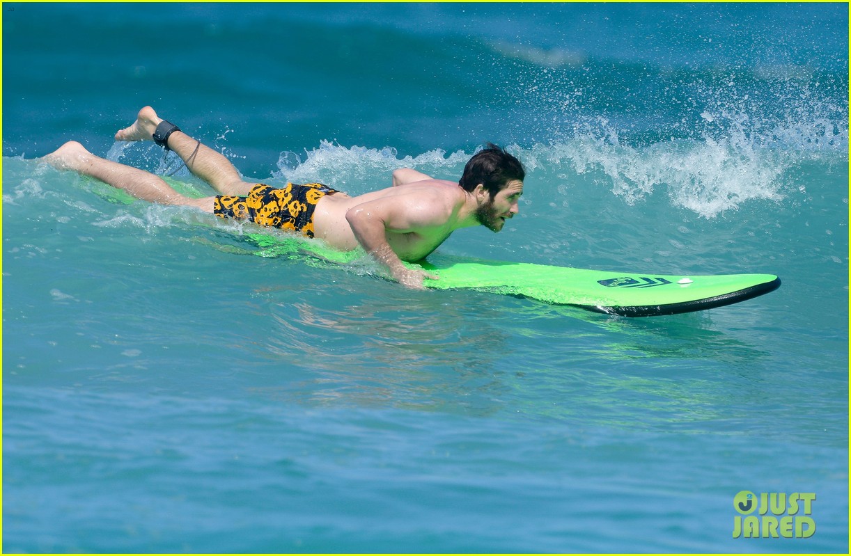 jake gyllenhaal goes shirtless in st barts takes surfing lesson 533834501