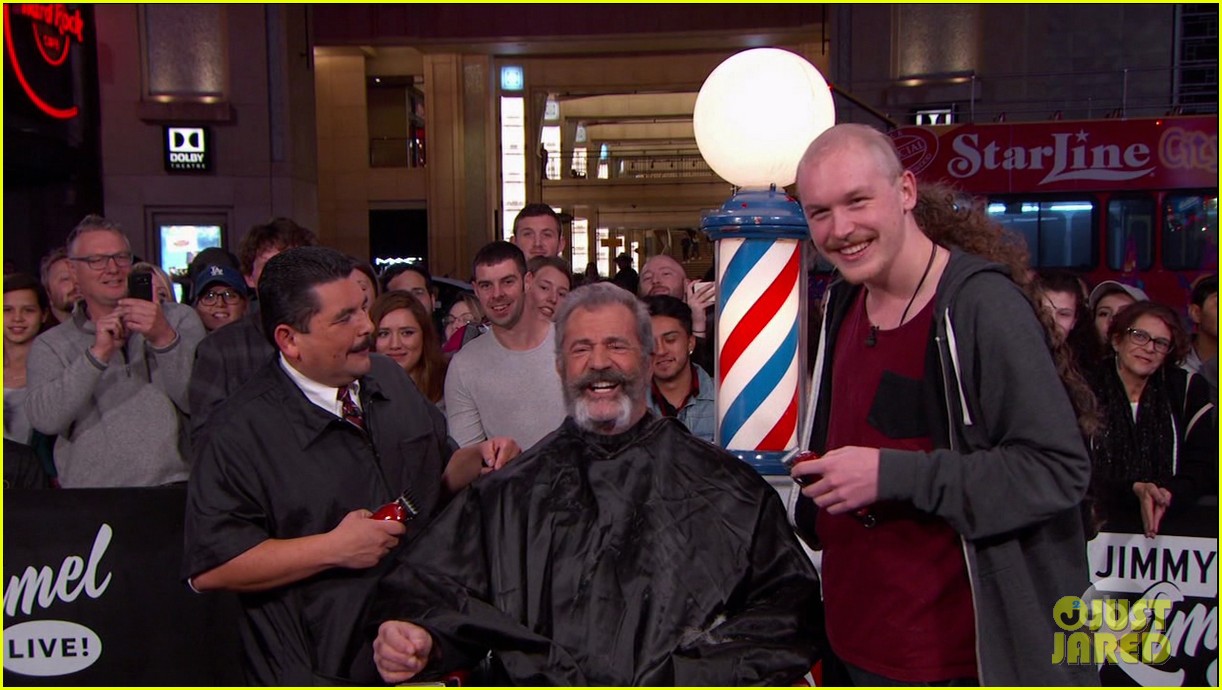 mel gibson gets his beard shaved off on jimmy kimmel live 183837536
