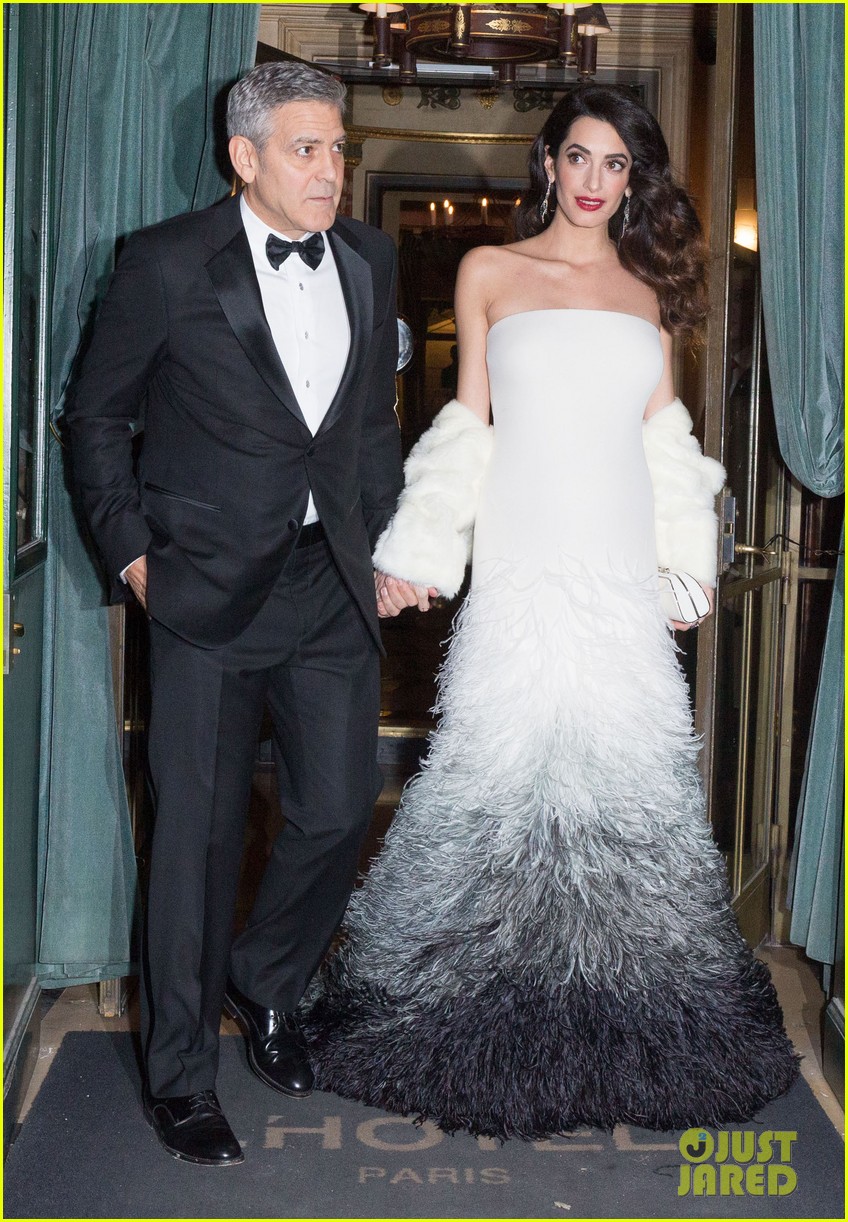 Pregnant Amal Clooney Debuts Baby Bump with Husband at Cesar