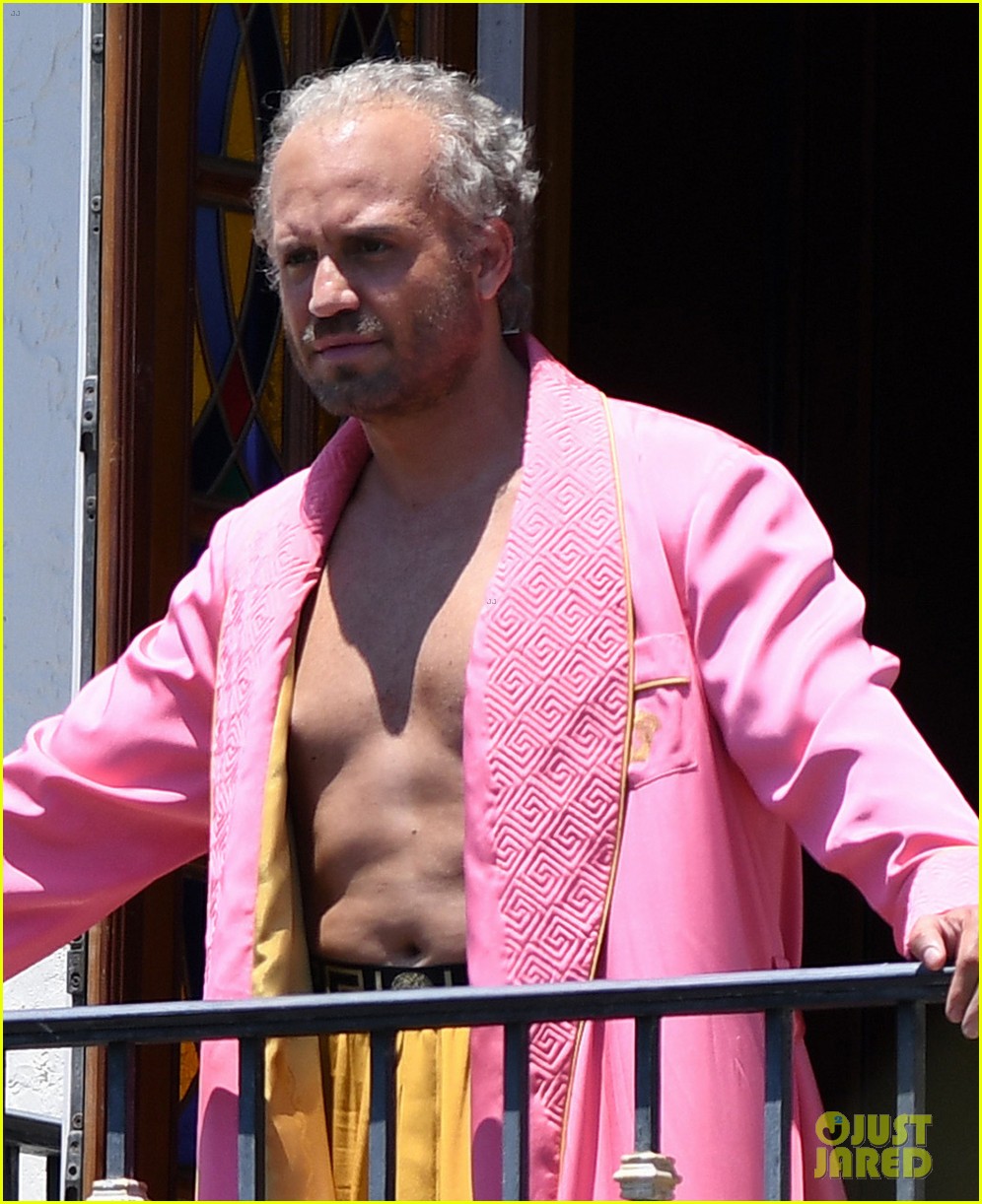 edgar ramirez goes shirtless wears pink robe at versace mansion 023898069