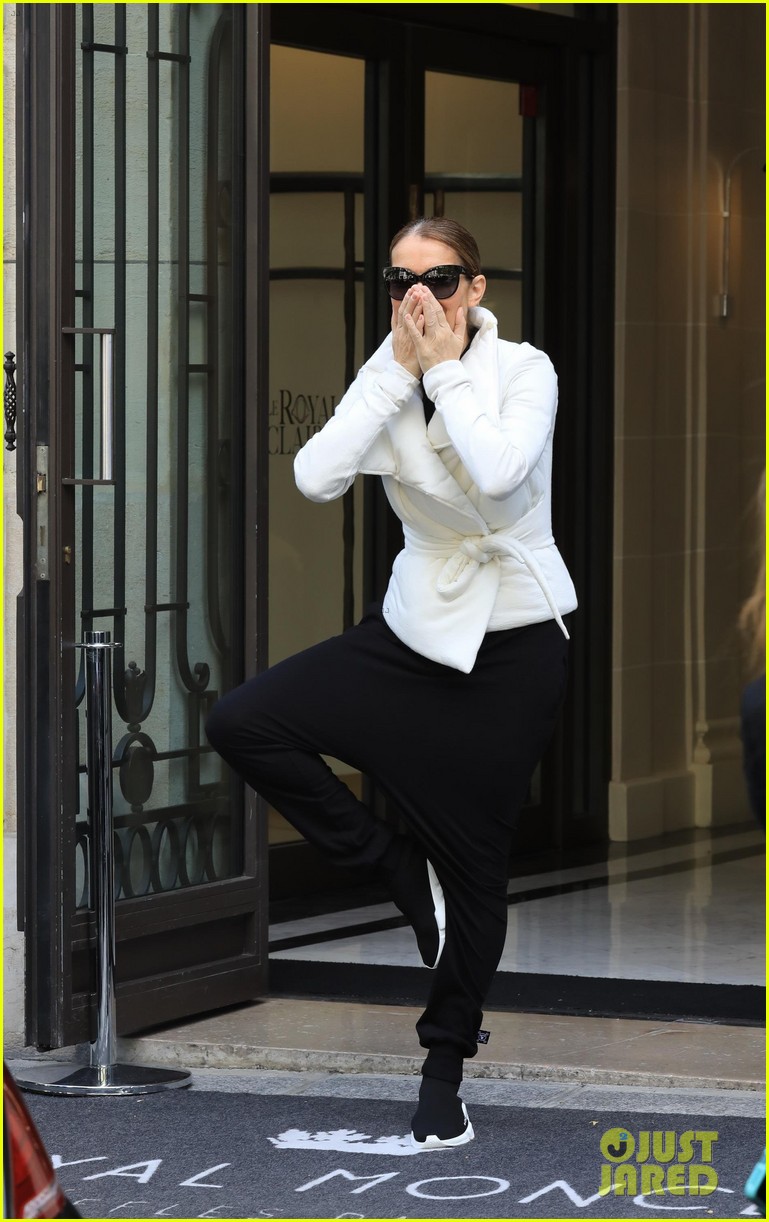 celine dion does yoga poses outside her paris hotel 113918820
