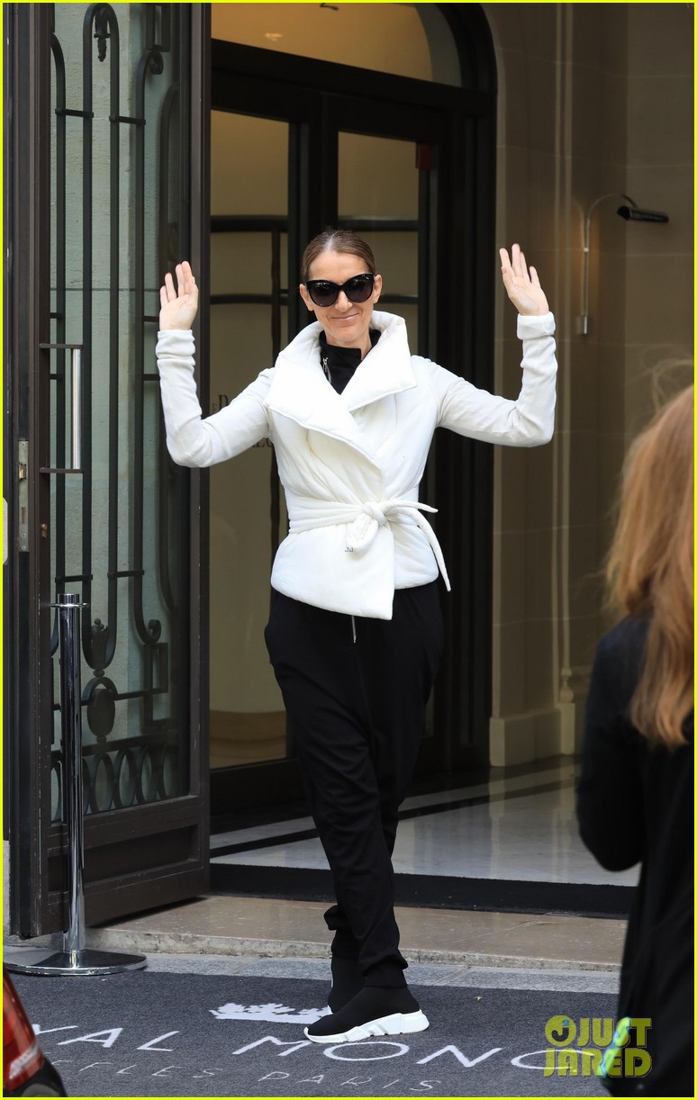 celine dion does yoga poses outside her paris hotel 153918824