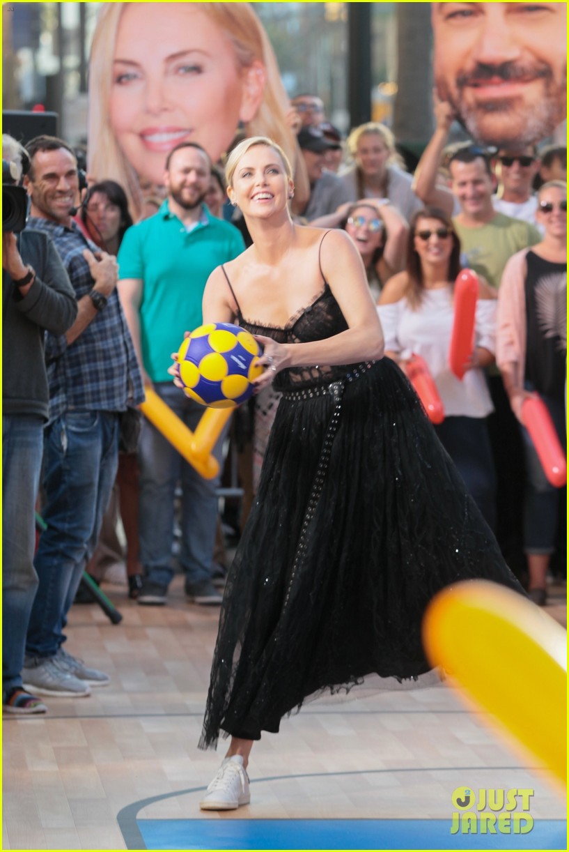 charlize theron shoots hoops with a soccer ball kimmel 053911833