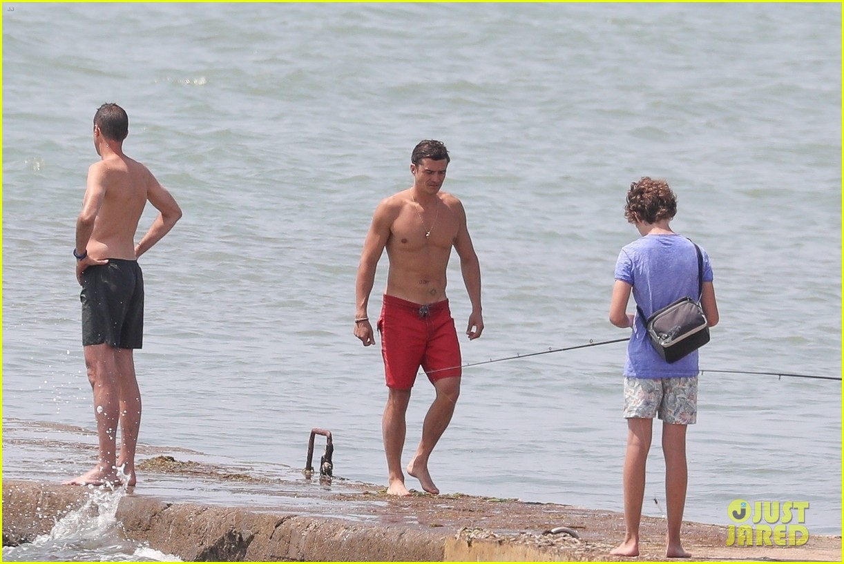 orlando bloom goes shirtless in low riding trunks at the beach 403931958