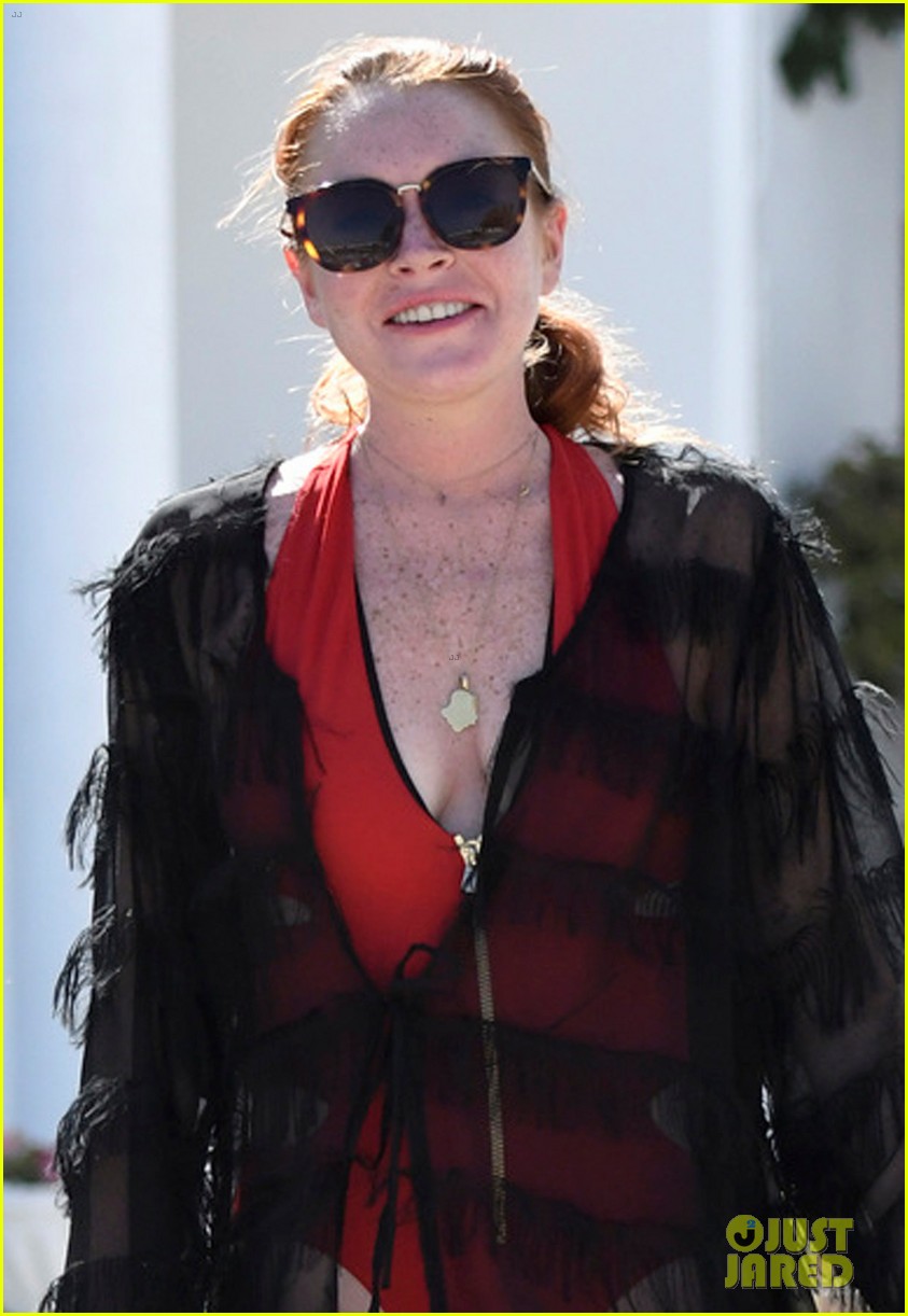 lindsay lohan sports red one piece in greece 023947588