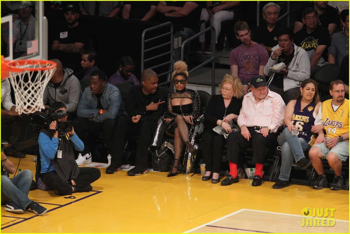 Nicki Minaj Sports Bold Studded Leather Look at Lakers Game Photo
