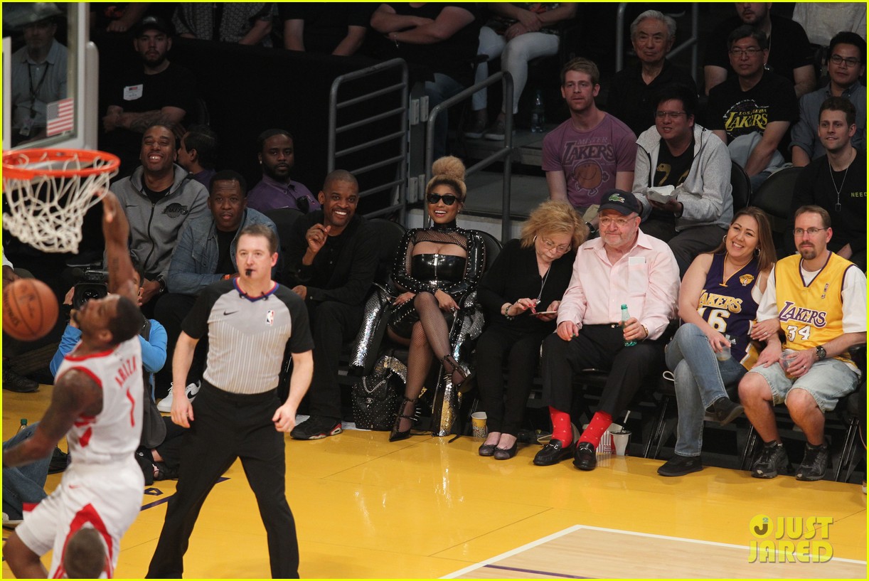 Nicki Minaj Sports Bold Studded Leather Look at Lakers Game Photo