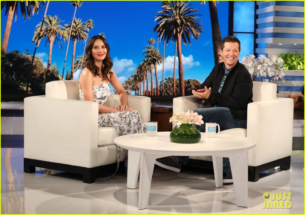 olivia munn gives sean hayes the inside scoop of ellens 60th birthday party 034092859