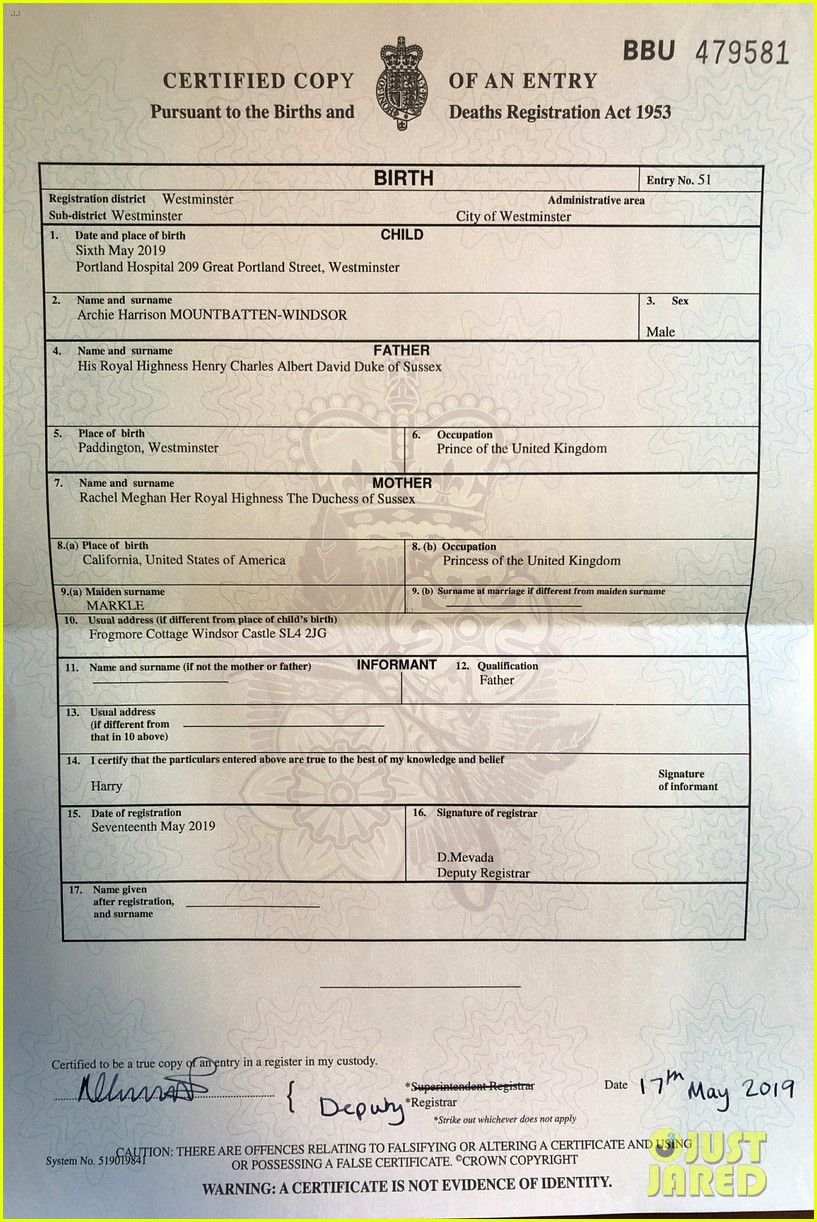 baby archie birth certificate may 2019 024292868