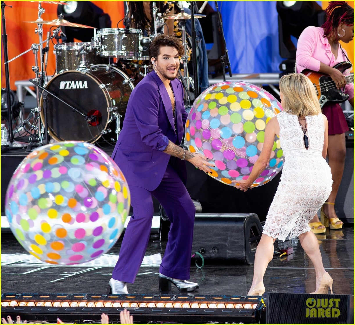 adam lambert pairs purple suit with silver heels for gmas summer concert series 074315510
