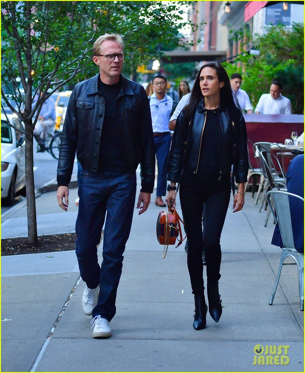 paul bettany jennifer connelly coordinate leather jackets for dinner 034350845