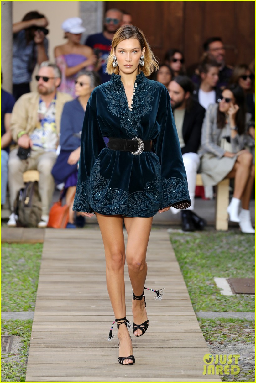 bella hadid dons velvet mini dress at etros milan fashion week show 064356057