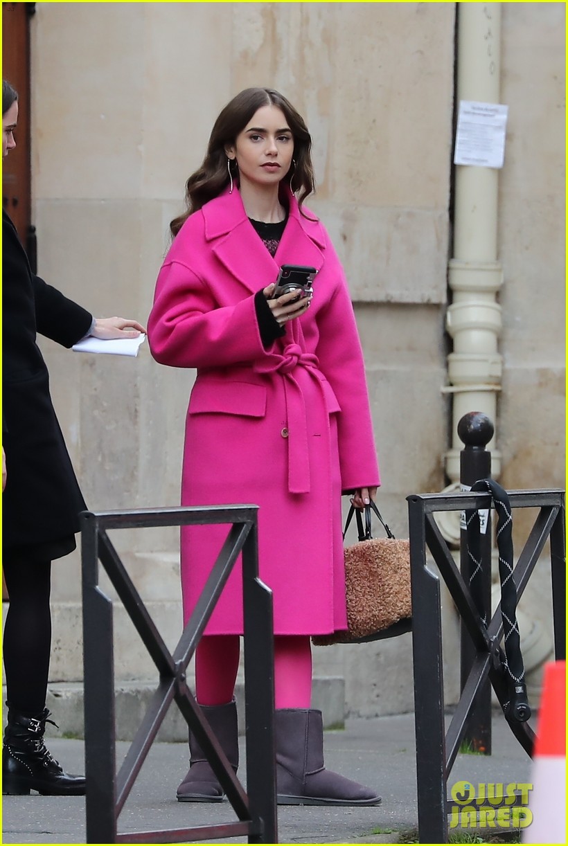 lily collins full pink look paris filming 024382595