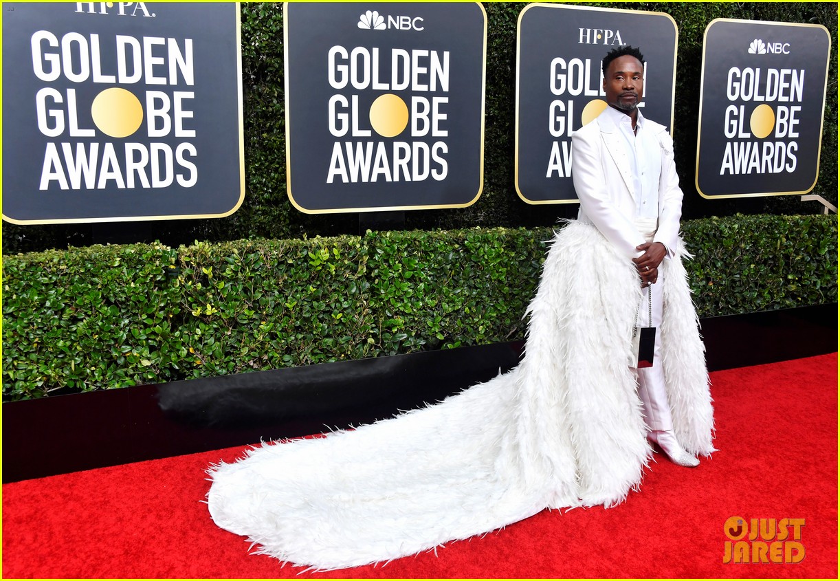 Billy Porter Poses in Detachable Feathered Train at Golden Globes 2020
