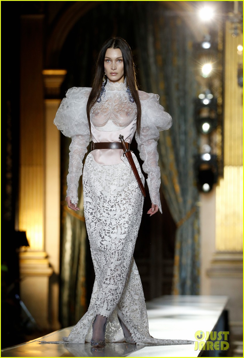 Bella Hadid Wears Sheer Dress With A Dagger For Vivienne Westwoods Paris Runway Show Photo 
