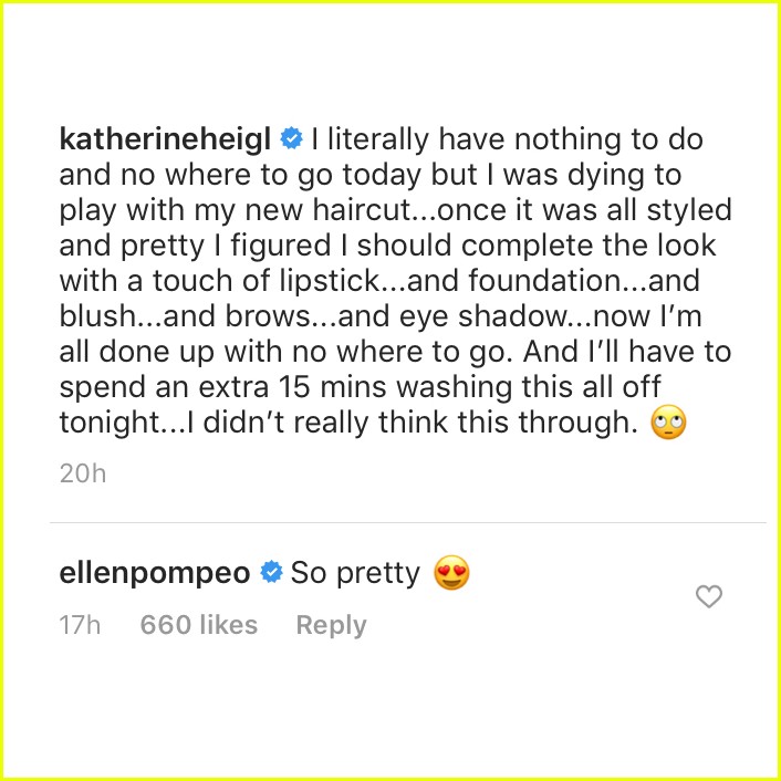 katherine heigl shows off new haircut ellen pompeo reacts 01