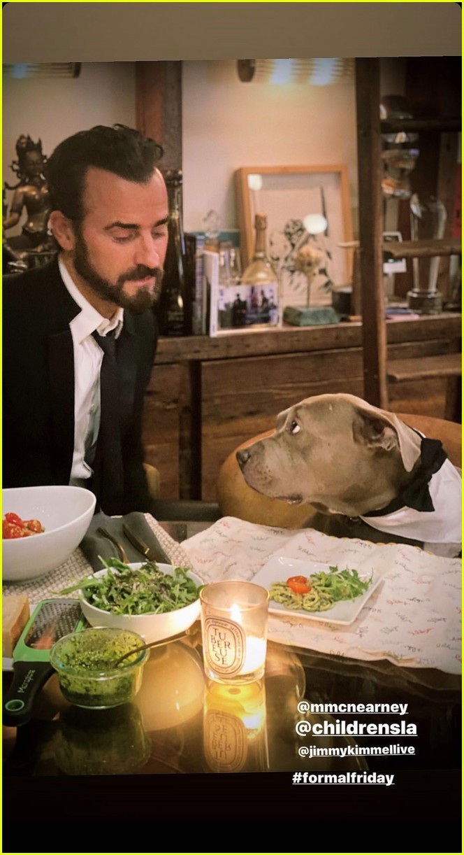 Justin Theroux & His Dog Kuma Had a Formal Friday Dinner at Home
