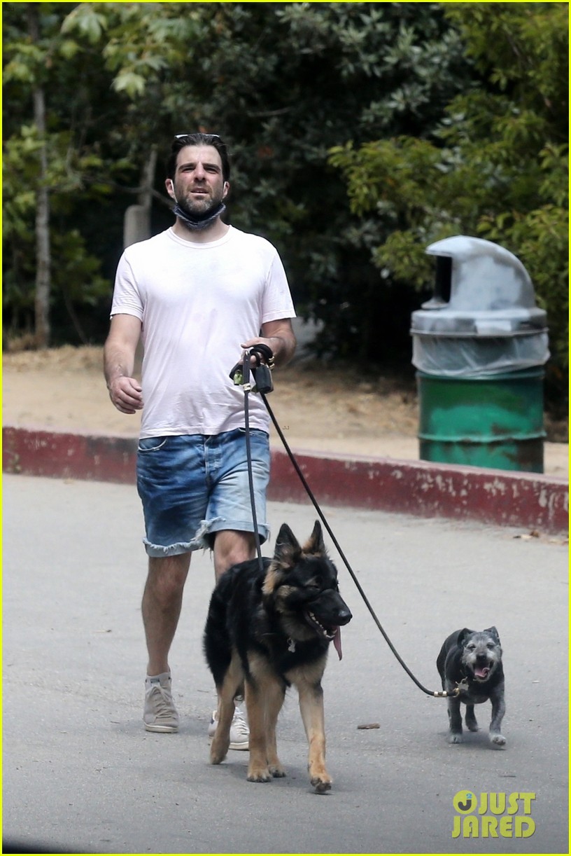 Zachary Quinto Wears Shorts Over Pants to Walk His Dogs