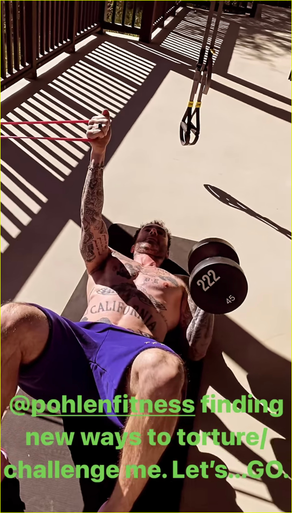 adam levine bares his tattoos during shirtless workout 024504508
