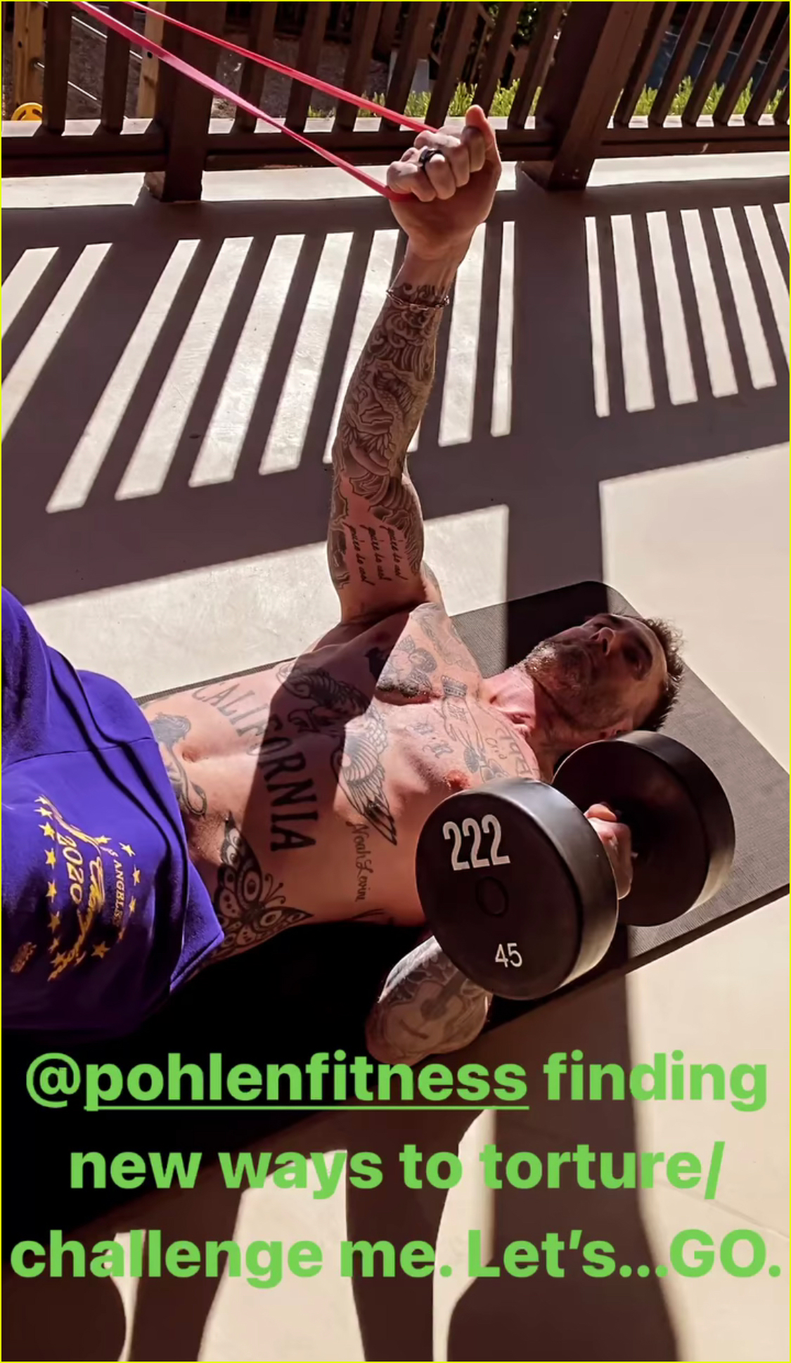 adam levine bares his tattoos during shirtless workout 054504511