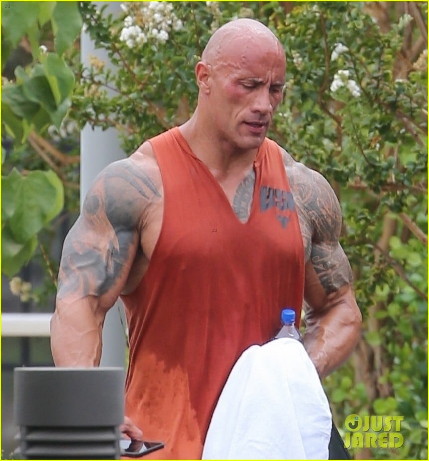 dwayne johnson drenched in sweat after workout 02