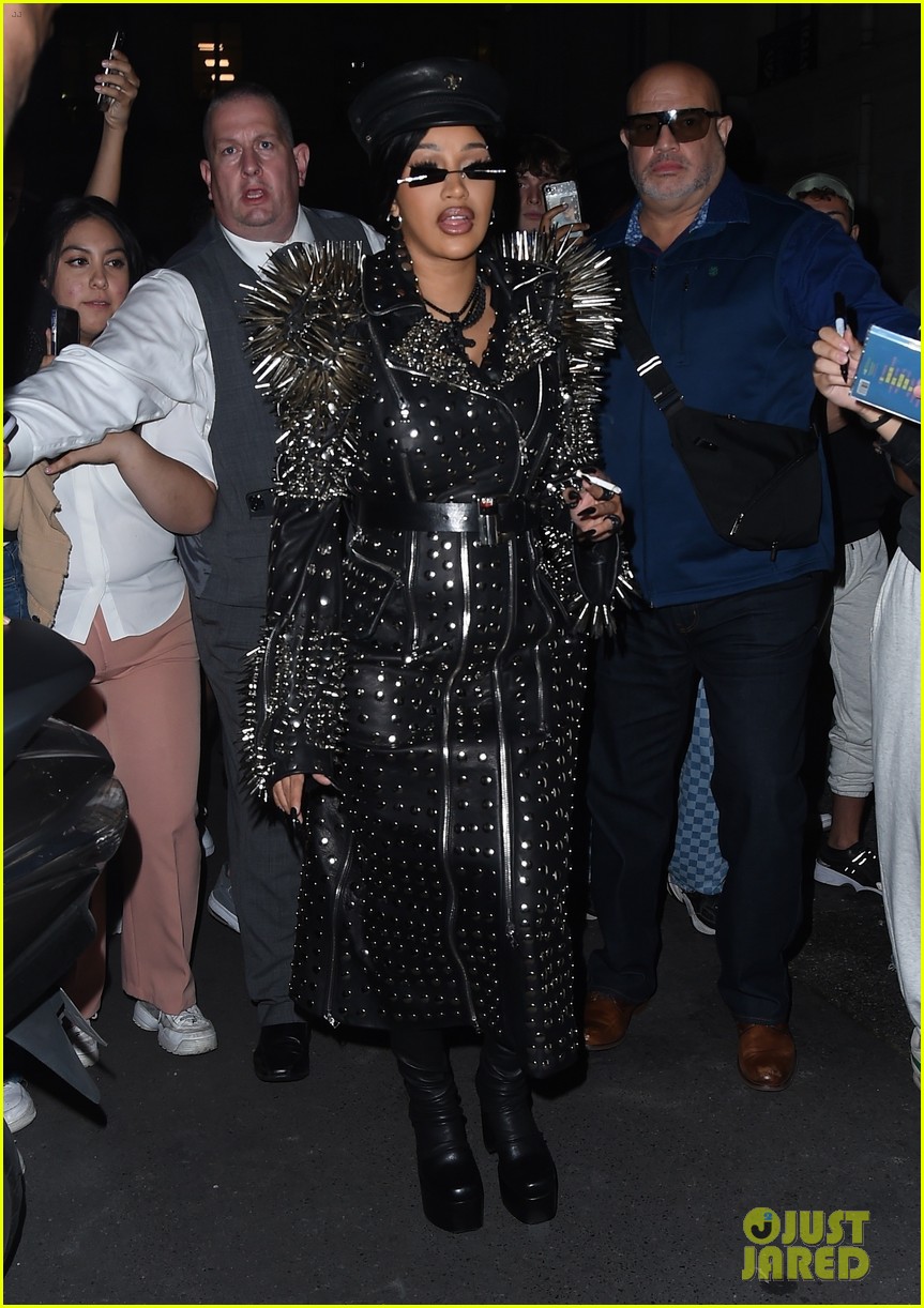 cardi b rocks studded leather trench coat in paris 194635727