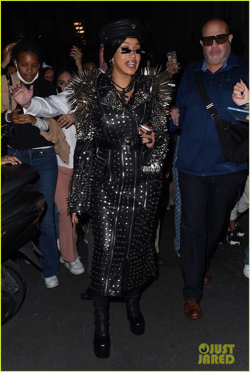 cardi b rocks studded leather trench coat in paris 22
