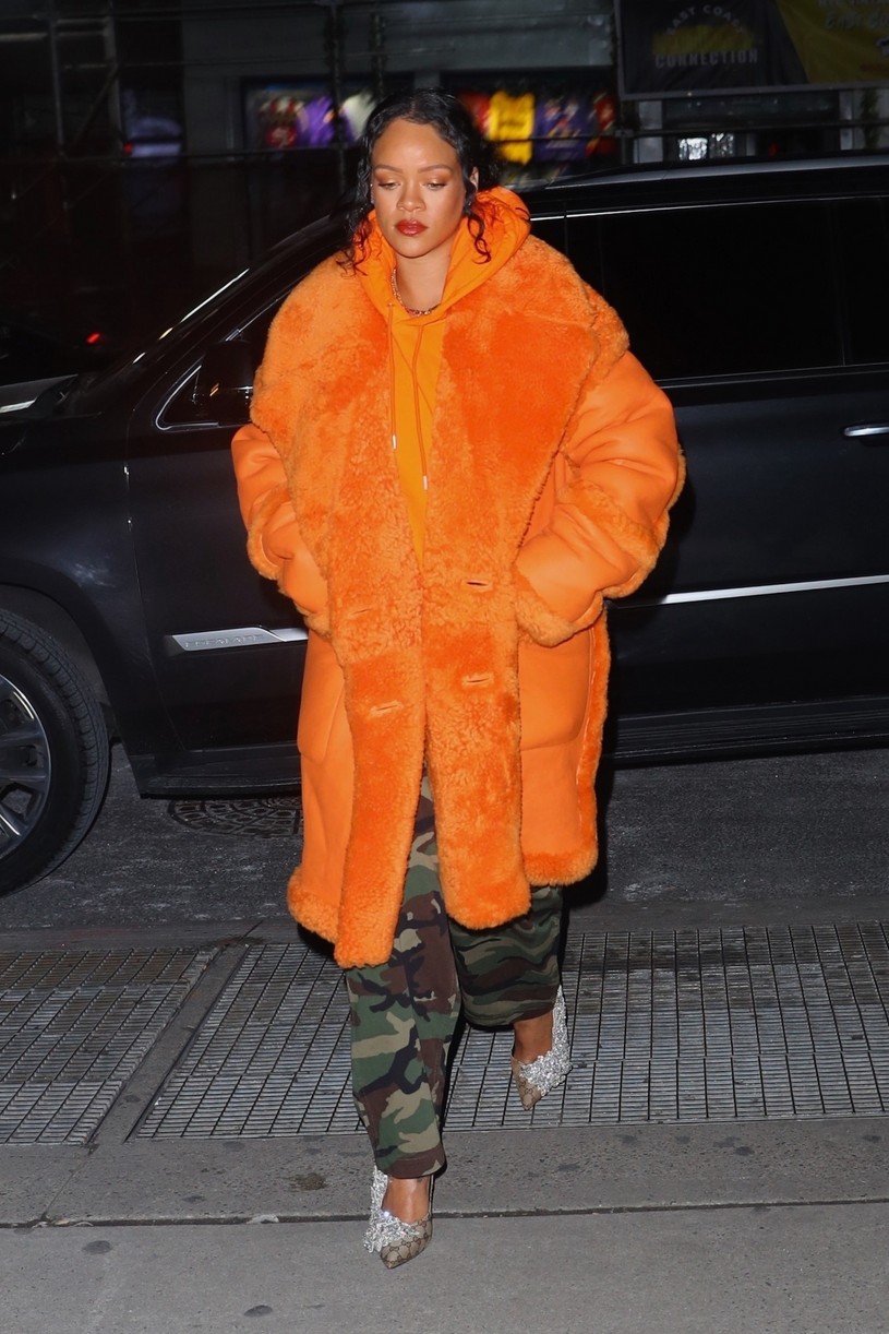 rihanna orange fuzzy coat nyc outing 104695581