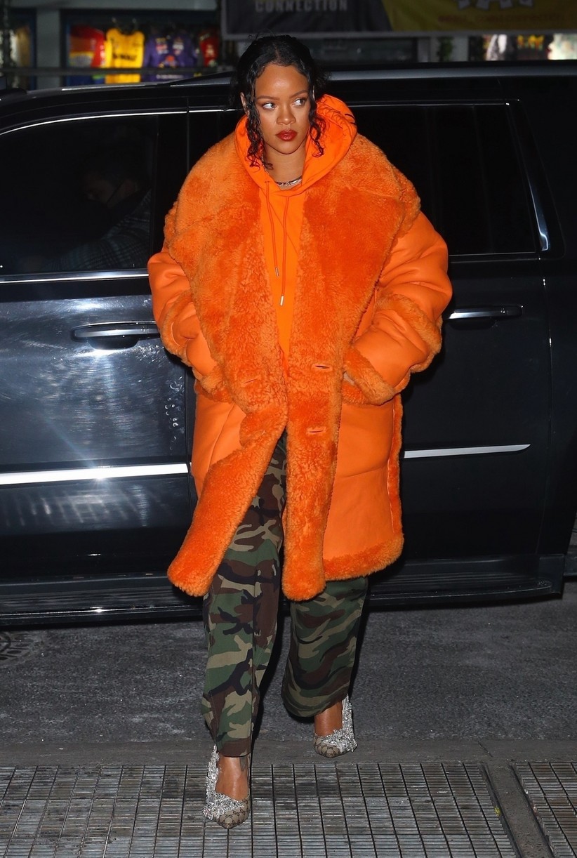 rihanna orange fuzzy coat nyc outing 154695586