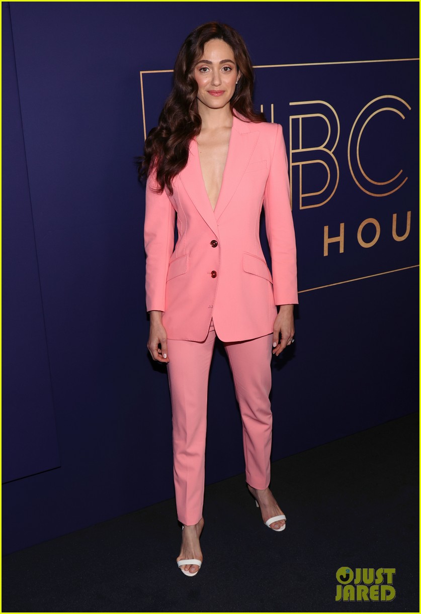 emmy rossum goes pretty in pink suit angelyne fyc event 054762363