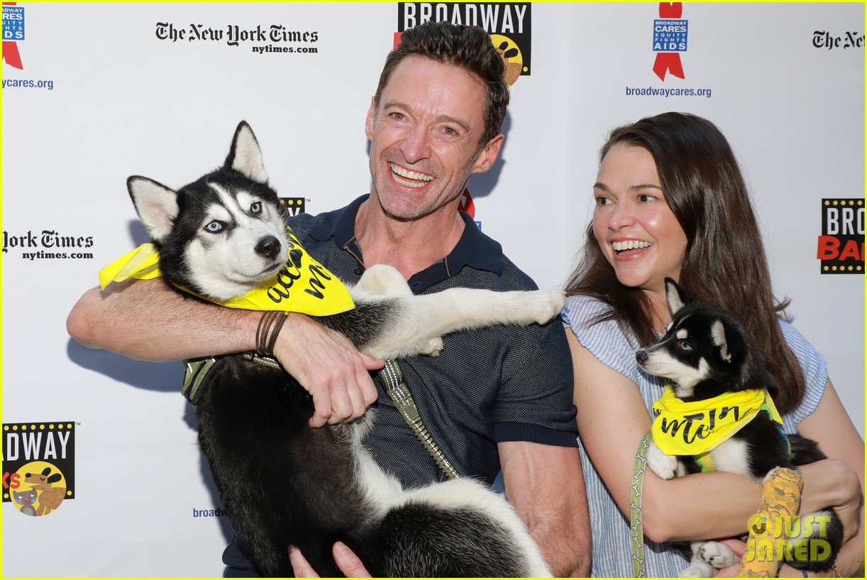 Hugh Jackman & Sutton Foster Cuddle with Puppies at Broadway Barks 2022