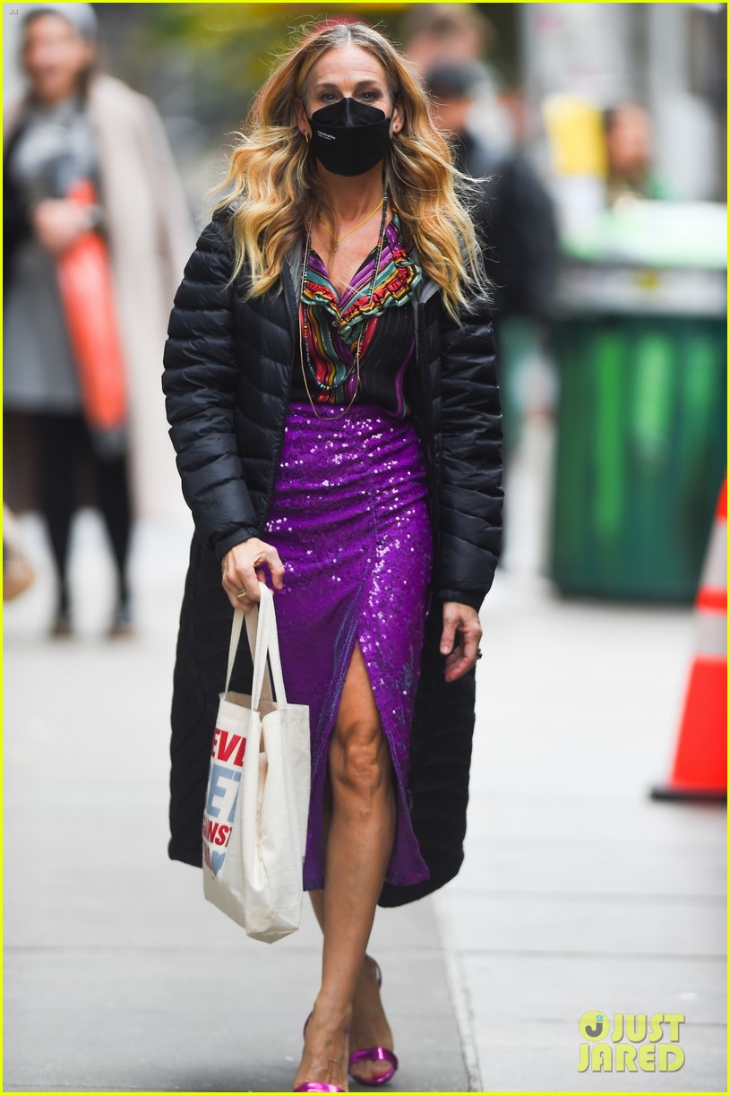 sarah jessica parker wears sparkling purple dress and just like that set 014844291