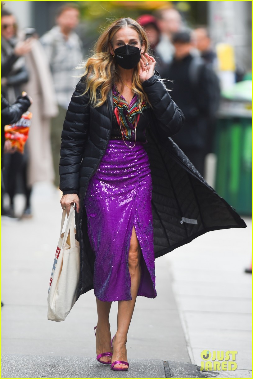 sarah jessica parker wears sparkling purple dress and just like that set 124844302