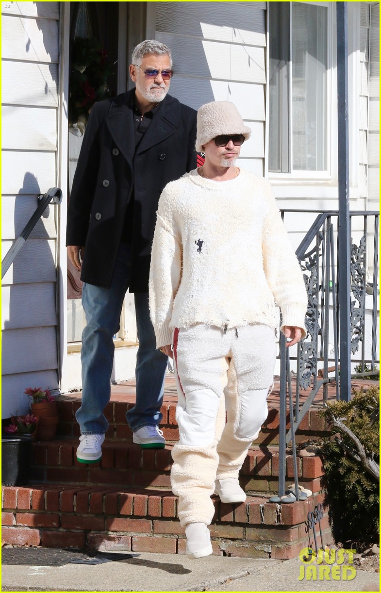 brad pitt tongue sherpa outfit wolves george clooney filming 174893898