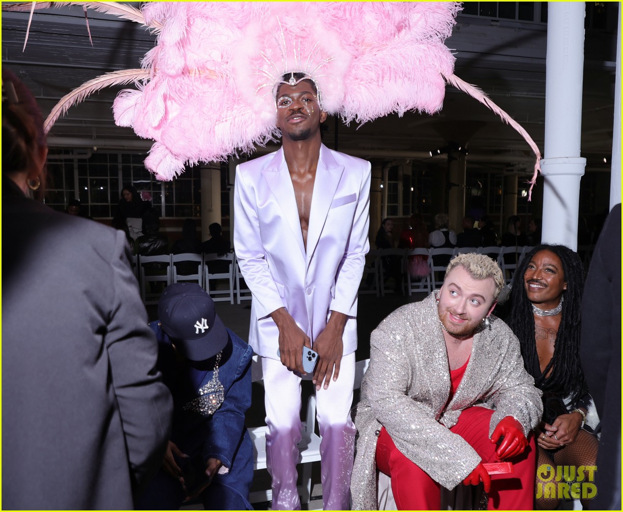 Lil Nas X Wears Giant Pink Feathered Headpiece to Christian Cowan