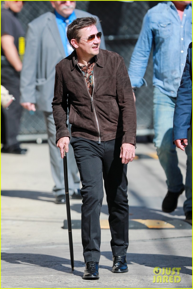 Jeremy Renner Walks With a Cane for Assistance While Arriving for Jimmy